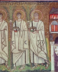 Procesión de los mártires, 527-99 (mosaico) (detalle)